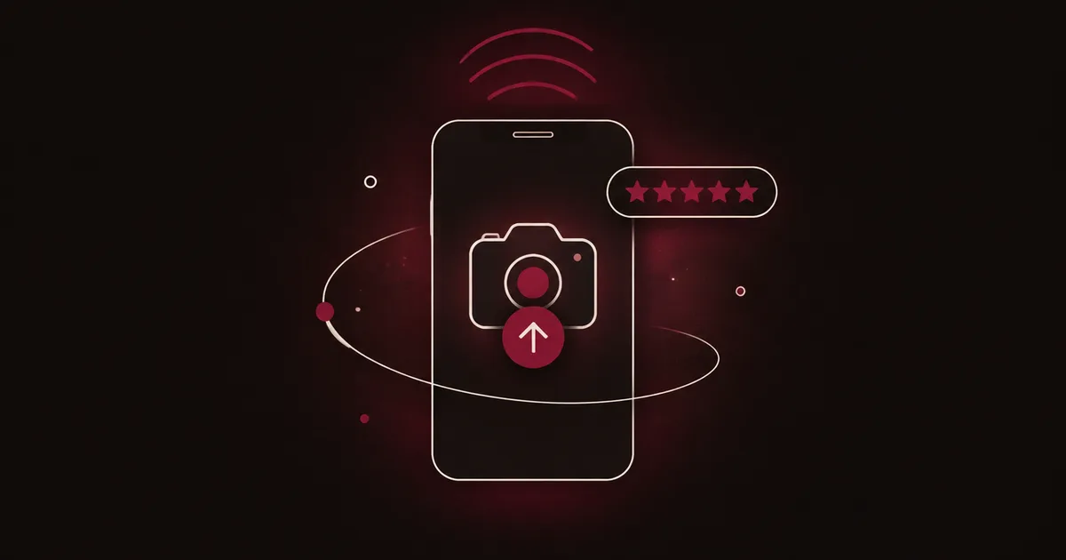 Ilustracija: telefon koji objavljuje fotografiju na Google Business profil, sa ocenom od pet zvezdica