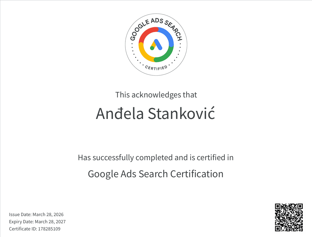 Google sertifikat, Anđela Stanković