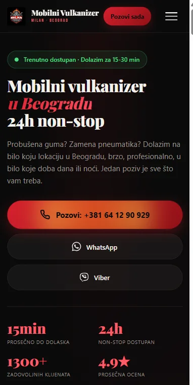 Mobilni prikaz sajta mobilnivulkanizermilan.com koji smo izradili za Milana